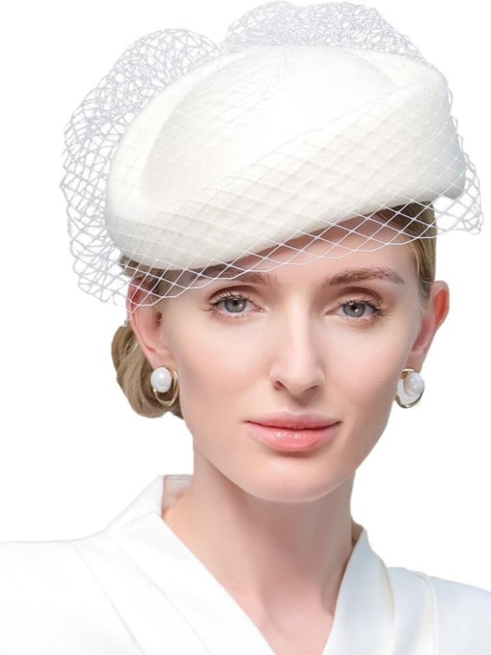 Women's Elegant Church Fedoras Wool Felt Vintage Beret Wedding Veil Cap White
